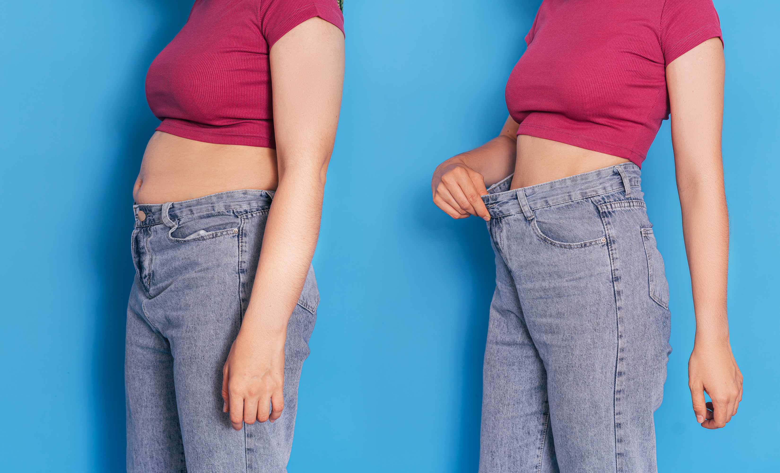 Girl before and after losing weight against a blue background